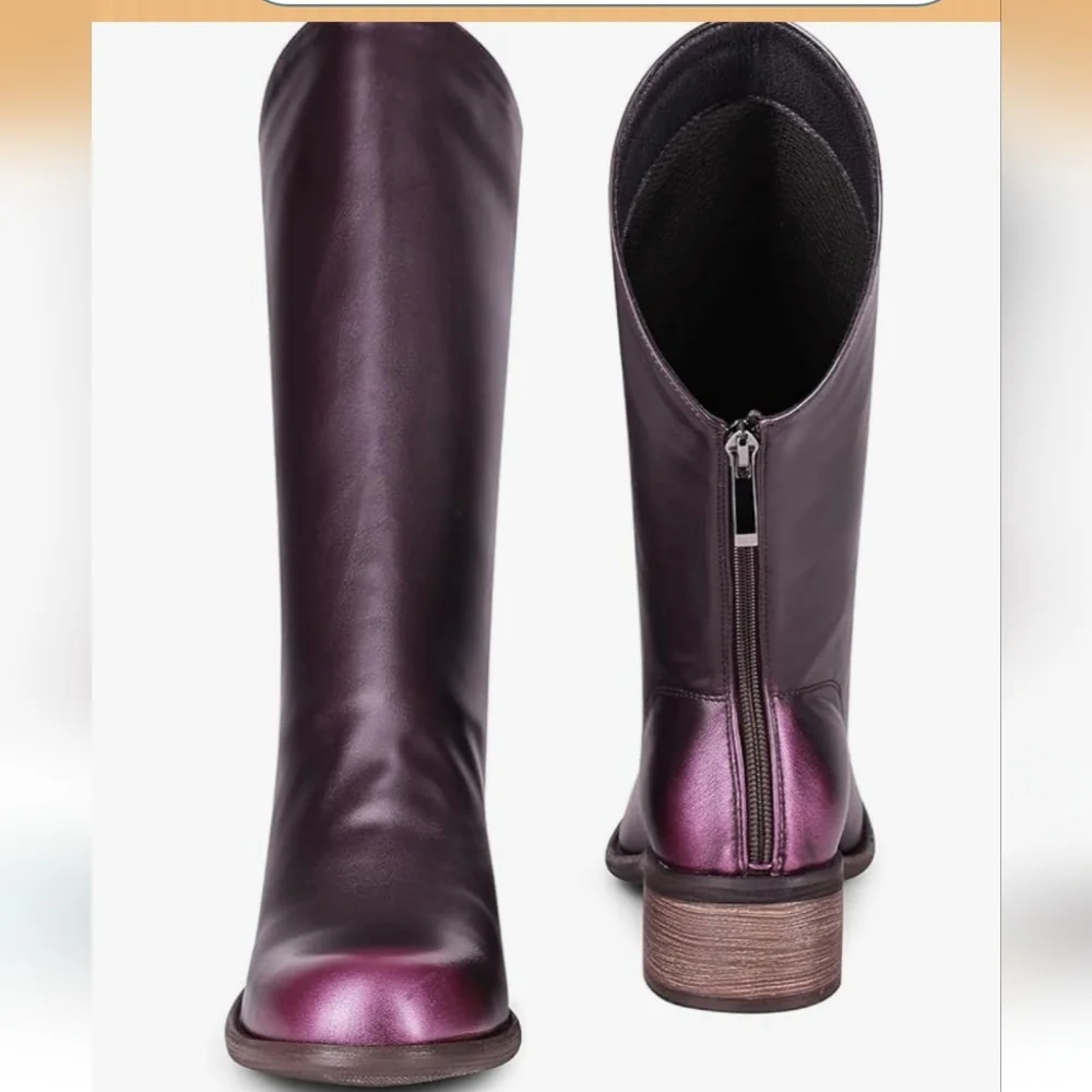 Sinsiyong Mid-Calf Back Zip Slant Boots with Round Toe & Chunky Heel, 7.5, NIB - Picture 4 of 7